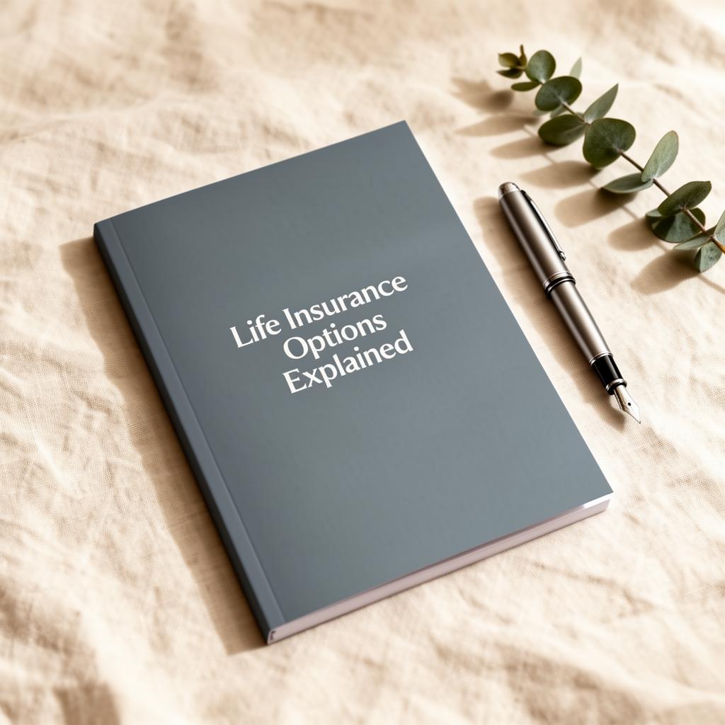 Family life insurance options guide booklet cover shown on a wooden desk