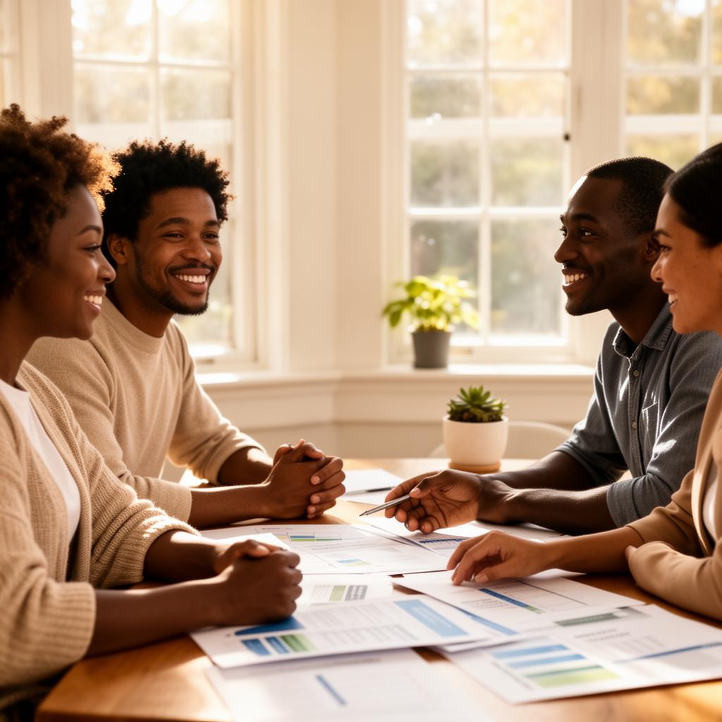 An advisor speaks with a couple at a sunlit table